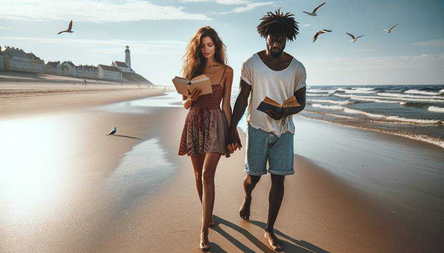 couple reading books as they walk on the beach