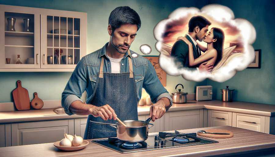 man cooking, with a thought bubble showing a couple kissing, illustrating a page on romance wriiting