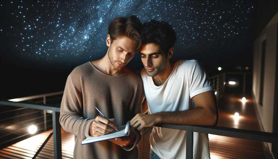 two men writing together in notebook, illustrating page on how to write a romance novel